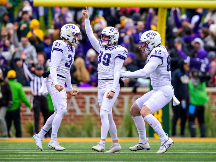 TCU Horned Frogs place kicker Griffin Kell, punter Jordy Sandy and tight end Alex Honig celebrate a walk-off field to beat Baylor.
